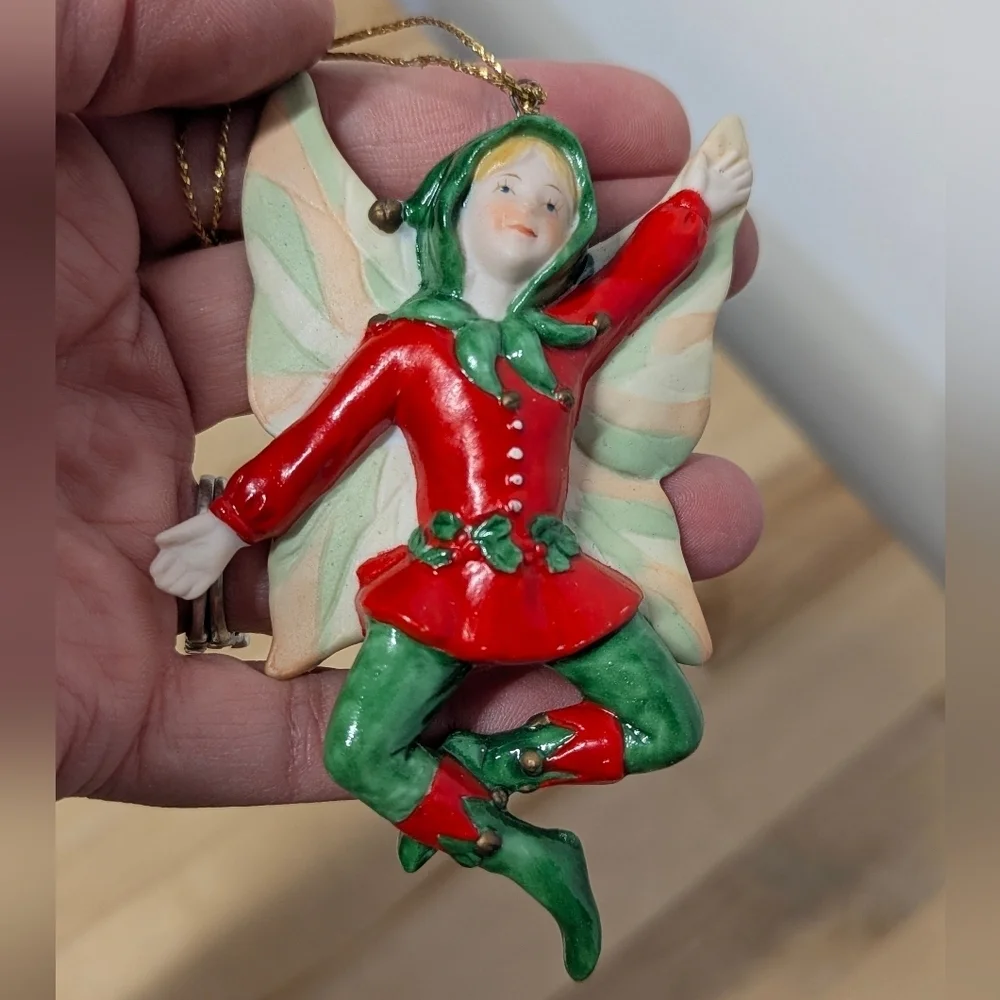Vintage Gorham Fairy Elf Ornament in Red and Green With Wings 1987 Rare